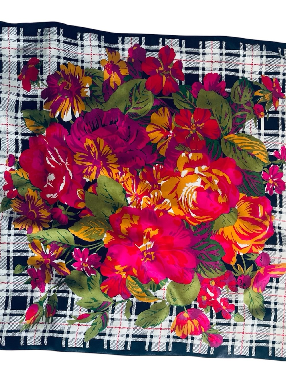 🧣Vintage RUNWAY Silk Scarf
Plaid Tartan Bold Floral Print Hand
Rolled 28" Square